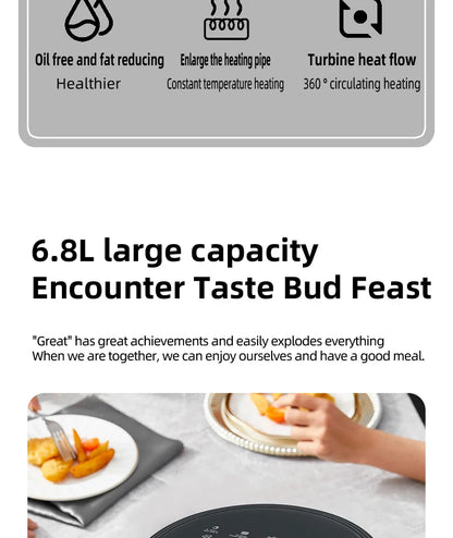6.8L large-capacity air fryer, knob switch, food-grade non-stick coating, healthy cooking, 1-hour timer, dual-purpose for baking