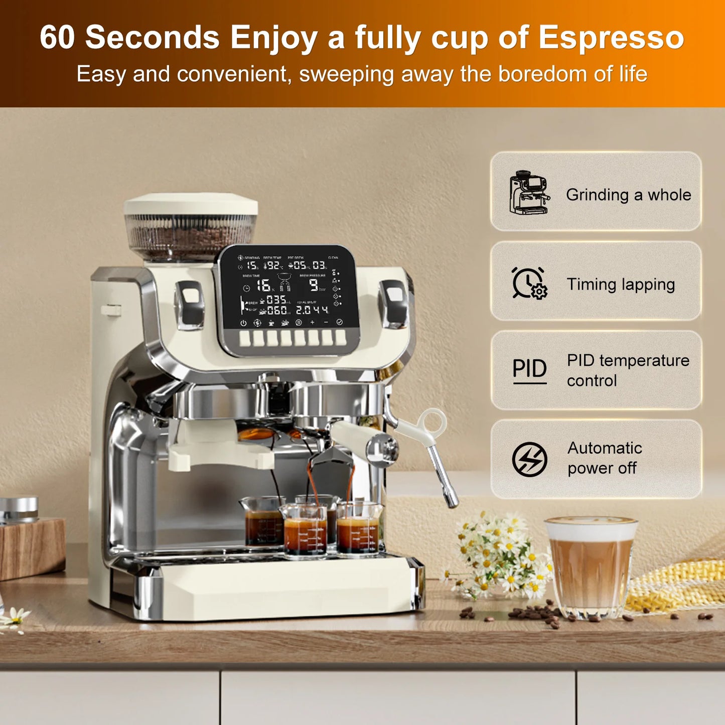 Mcilpoog TC520 Semi Automatic Coffee Machine with Grinder & Steamer, 6-Inch Large Display, Coffee Maker for  Home and Office.