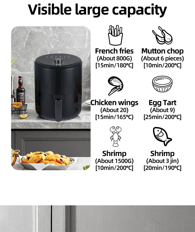 6.8L large-capacity air fryer, knob switch, food-grade non-stick coating, healthy cooking, 1-hour timer, dual-purpose for baking
