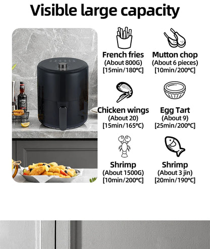 6.8L large-capacity air fryer, knob switch, food-grade non-stick coating, healthy cooking, 1-hour timer, dual-purpose for baking