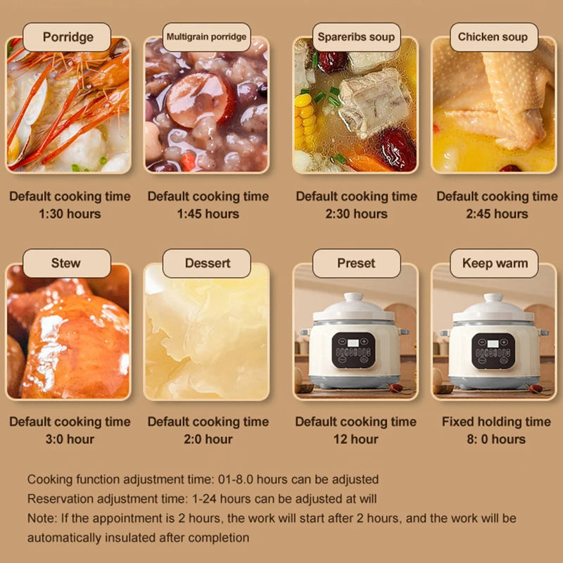 3.8L Intelligent Electric Stew Pot Slow Cooker Ceramic Inner Pot Multi-Cooker for Soup Porridge Casserole Ceramic Porridge Pot