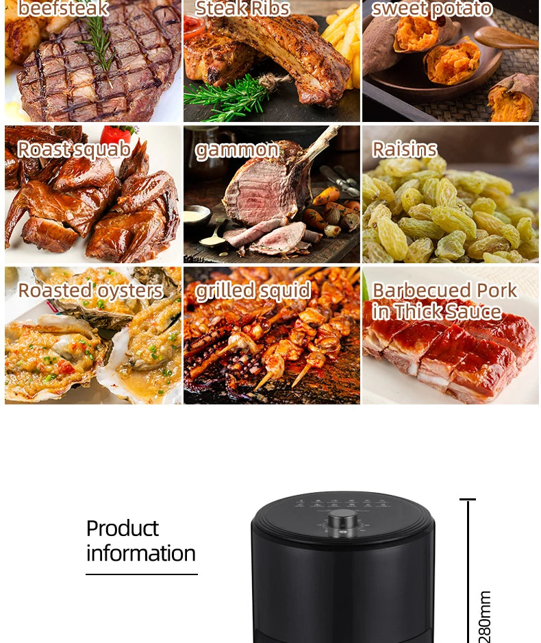 6.8L large-capacity air fryer, knob switch, food-grade non-stick coating, healthy cooking, 1-hour timer, dual-purpose for baking