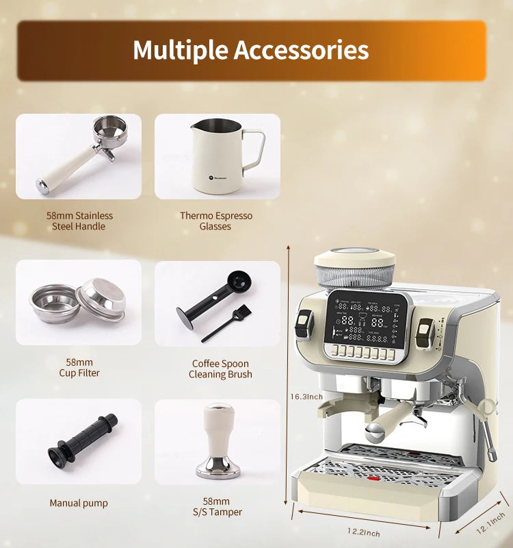 Mcilpoog TC520 Semi Automatic Coffee Machine with Grinder & Steamer, 6-Inch Large Display, Coffee Maker for  Home and Office.