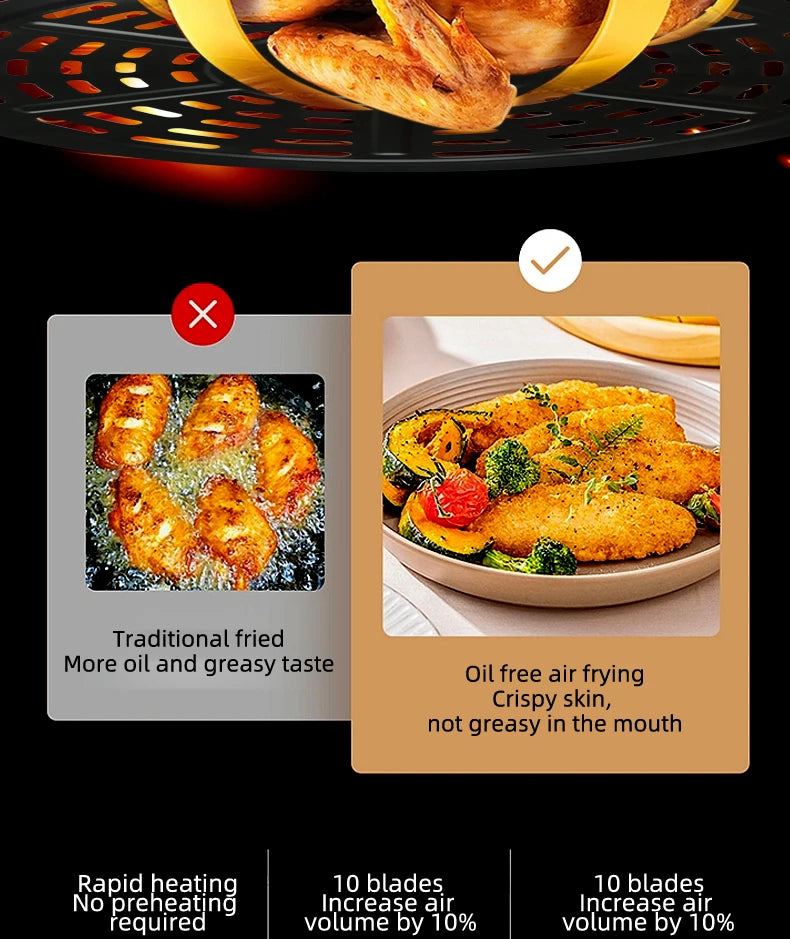 6.8L large-capacity air fryer, knob switch, food-grade non-stick coating, healthy cooking, 1-hour timer, dual-purpose for baking