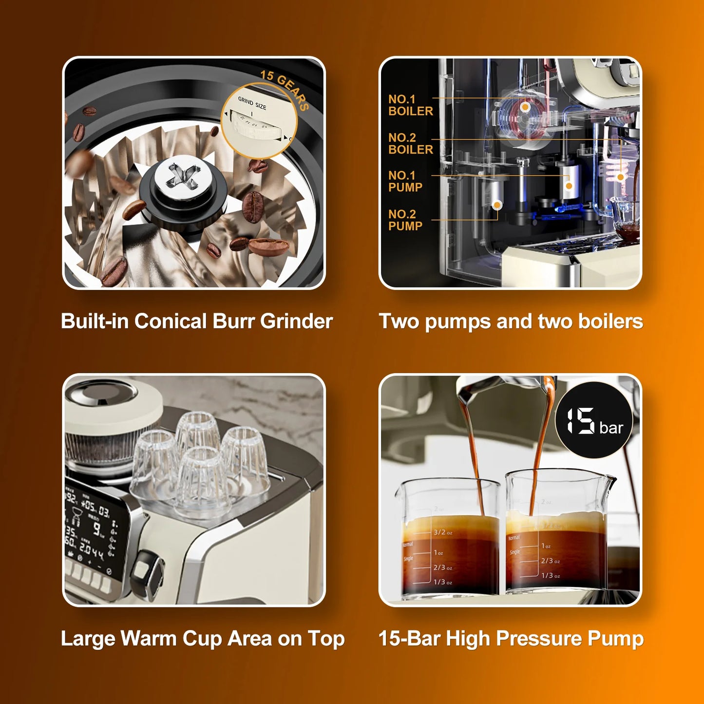 Mcilpoog TC520 Semi Automatic Coffee Machine with Grinder & Steamer, 6-Inch Large Display, Coffee Maker for  Home and Office.