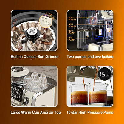 Mcilpoog TC520 Semi Automatic Coffee Machine with Grinder & Steamer, 6-Inch Large Display, Coffee Maker for  Home and Office.